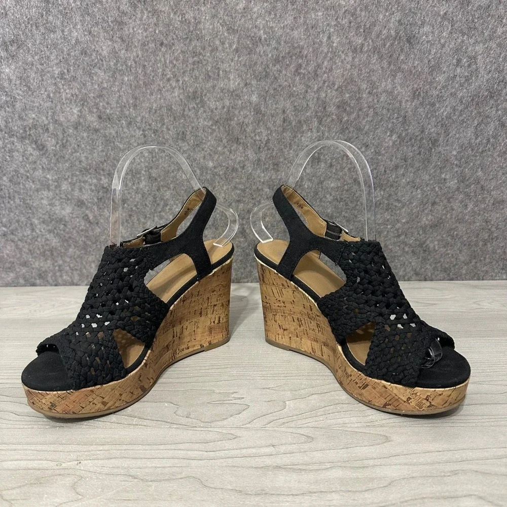 SO Taffy Womens Wedge Sandals Black Woven Upper Cork Platform Heel Size‎ 6.5 M